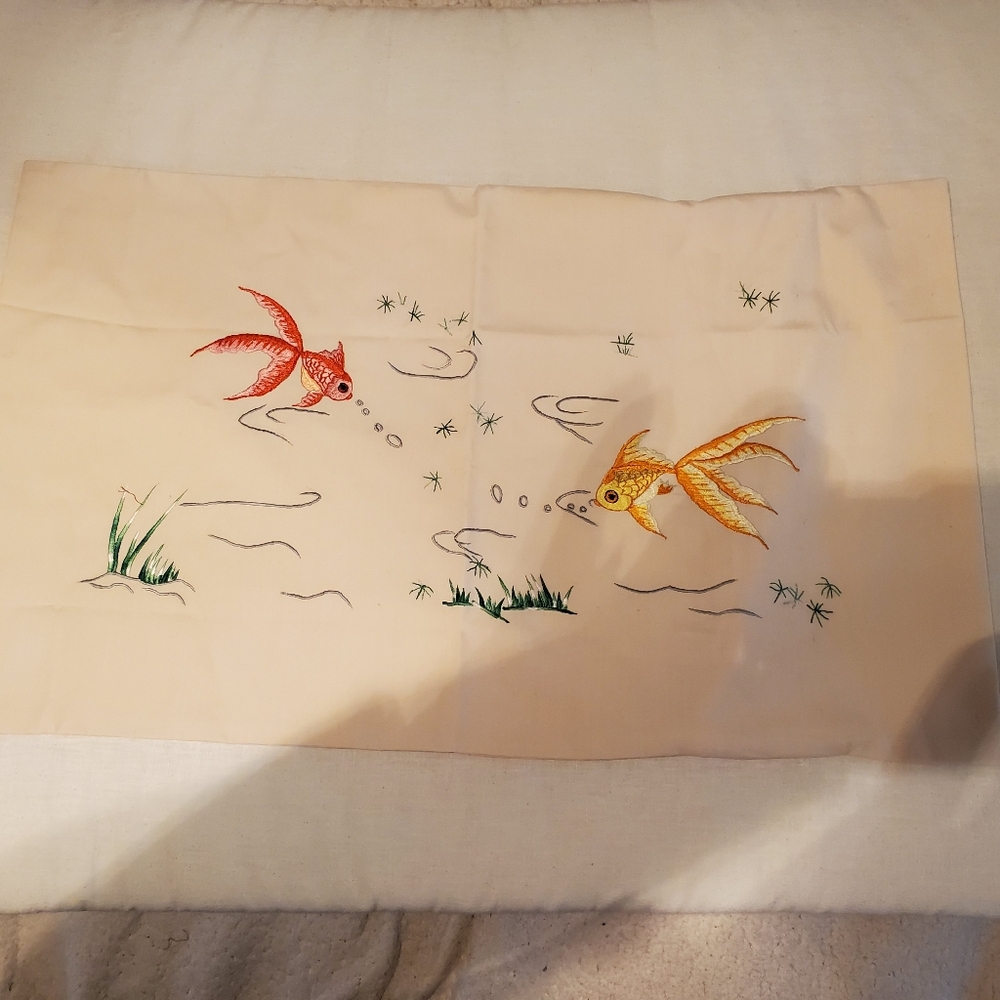 Pr. Pale Peach Pillow Covers with Embroidered Betta Siamese Fighting Goldfish - Picture 1 of 6